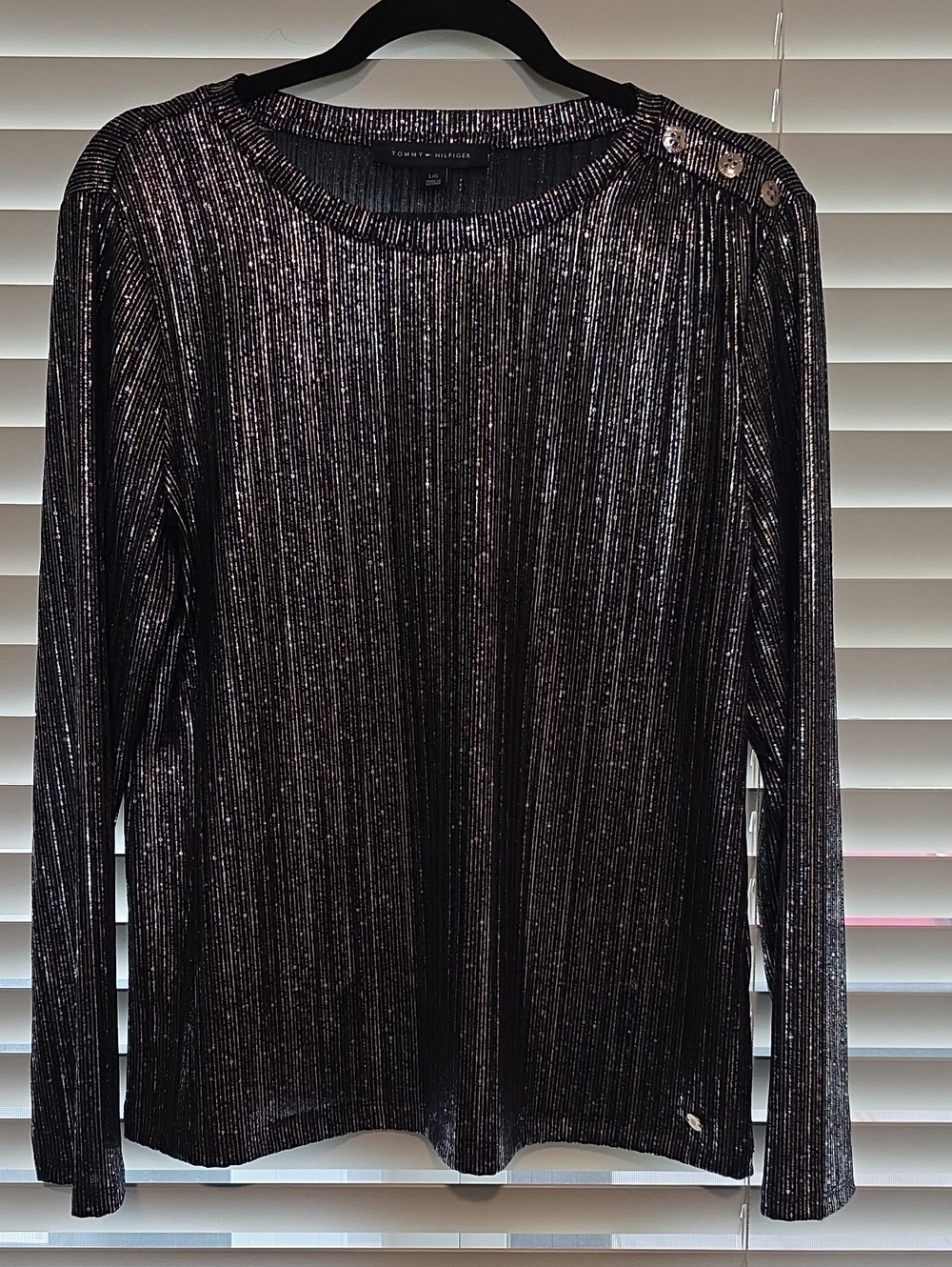 Tommy Hilfiger Metallic Ribbed Knit Long Sleeve Blouse Top - Size Large